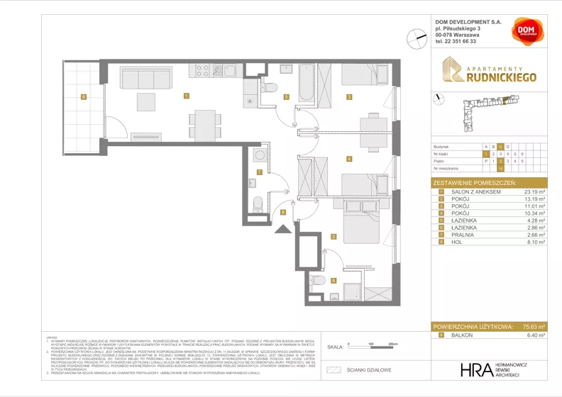 4 pokoje, mieszkanie 75,63 m², piętro 2, oferta nr C/16, Apartamenty Rudnickiego, Warszawa, Bielany, Piaski, ul. Rudnickiego 7