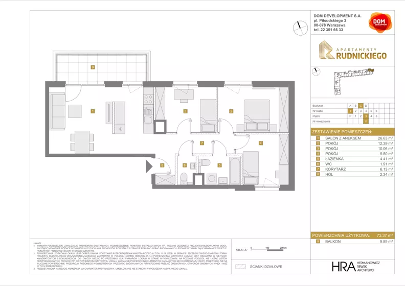 4 pokoje, mieszkanie 73,37 m², piętro 3, oferta nr C/17, Apartamenty Rudnickiego, Warszawa, Bielany, Piaski, ul. Rudnickiego 7