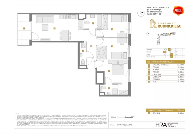 4 pokoje, mieszkanie 75,63 m², piętro 3, oferta nr C/22, Apartamenty Rudnickiego, Warszawa, Bielany, Piaski, ul. Rudnickiego 7