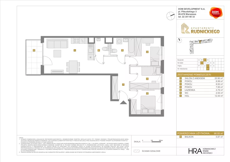 4 pokoje, mieszkanie 66,55 m², piętro 3, oferta nr C/57, Apartamenty Rudnickiego, Warszawa, Bielany, Piaski, ul. Rudnickiego 7