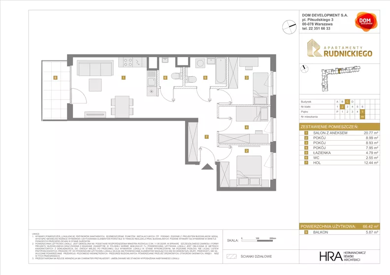 4 pokoje, mieszkanie 66,42 m², piętro 5, oferta nr C/69, Apartamenty Rudnickiego, Warszawa, Bielany, Piaski, ul. Rudnickiego 7