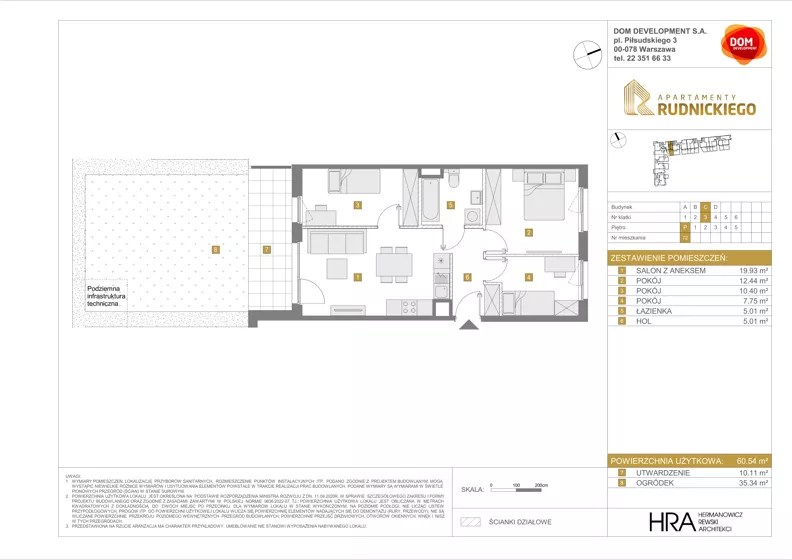 4 pokoje, mieszkanie 60,54 m², parter, oferta nr C/72, Apartamenty Rudnickiego, Warszawa, Bielany, Piaski, ul. Rudnickiego 7
