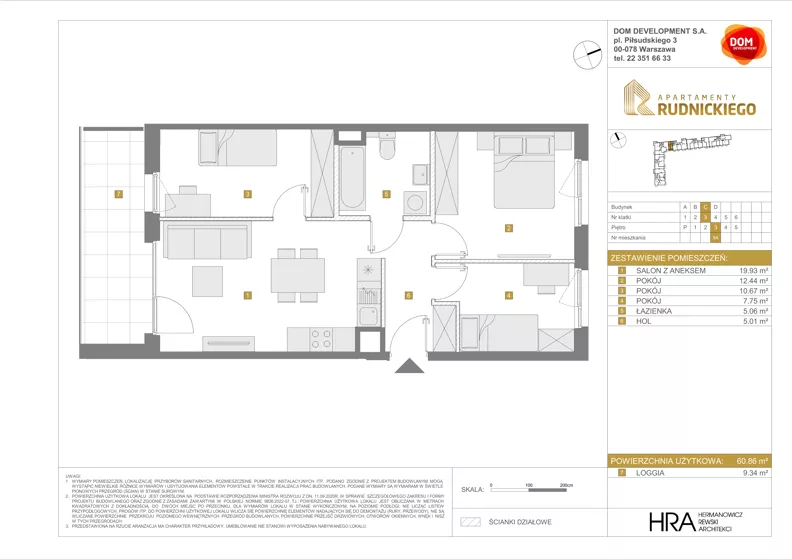 4 pokoje, mieszkanie 60,86 m², piętro 3, oferta nr C/84, Apartamenty Rudnickiego, Warszawa, Bielany, Piaski, ul. Rudnickiego 7