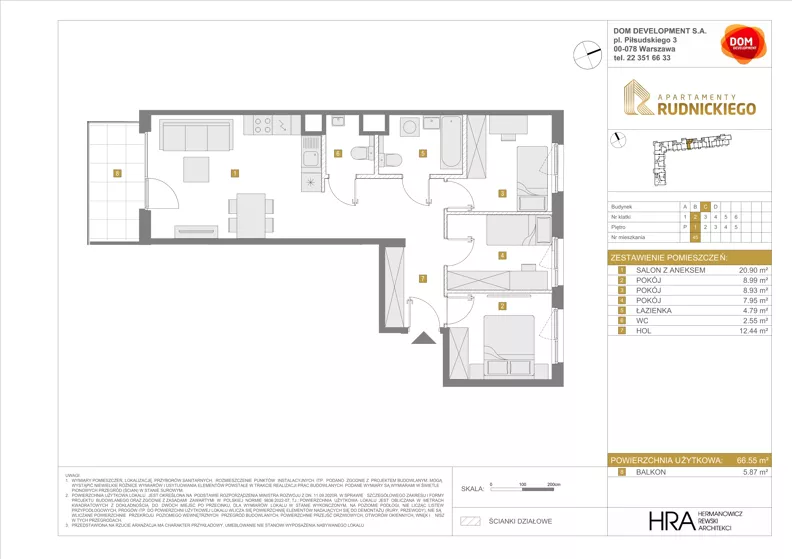 4 pokoje, mieszkanie 66,55 m², piętro 1, oferta nr C/45, Apartamenty Rudnickiego, Warszawa, Bielany, Piaski, ul. Rudnickiego 7