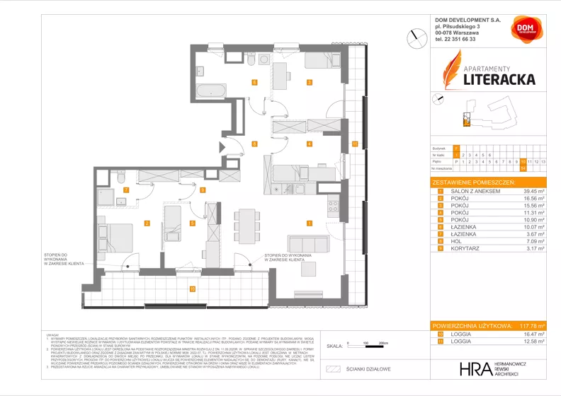 5 pokoi, mieszkanie 117,78 m², piętro 10, oferta nr F/54, Apartamenty Literacka bud. E i F, Warszawa, Bielany, Piaski, ul. Literacka