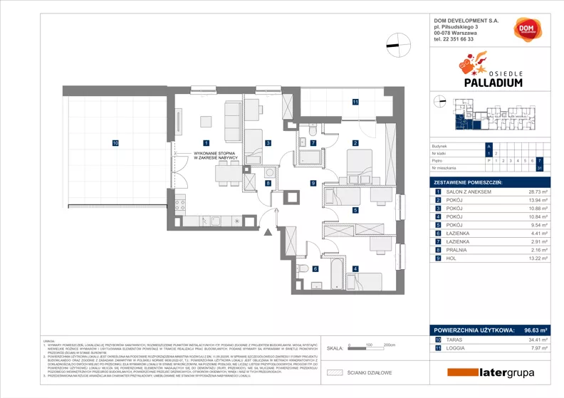 5 pokoi, mieszkanie 96,63 m², piętro 7, oferta nr A/31, Osiedle Palladium, Warszawa, Białołęka, Nowodwory, ul. Mieczysławy Ćwiklińskiej