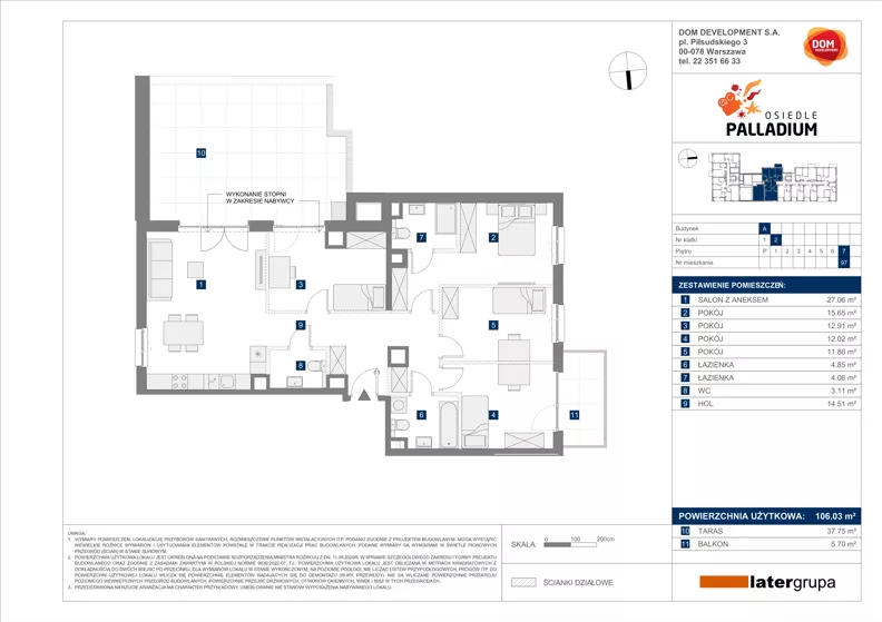 5 pokoi, mieszkanie 106,03 m², piętro 7, oferta nr A/97, Osiedle Palladium, Warszawa, Białołęka, Nowodwory, ul. Mieczysławy Ćwiklińskiej