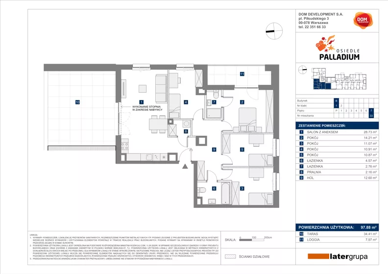 5 pokoi, mieszkanie 97,88 m², piętro 7, oferta nr B/33, Osiedle Palladium, Warszawa, Białołęka, Nowodwory, ul. Mieczysławy Ćwiklińskiej