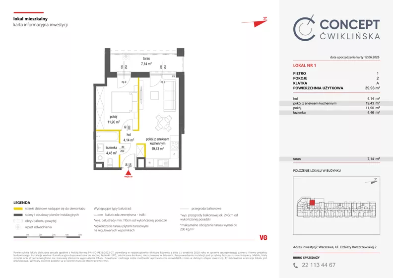 2 pokoje, mieszkanie 39,93 m², piętro 1, oferta nr A1, Concept Ćwiklińska, Warszawa, Białołęka, Tarchomin, ul. Elżbiety Barszczewskiej 2