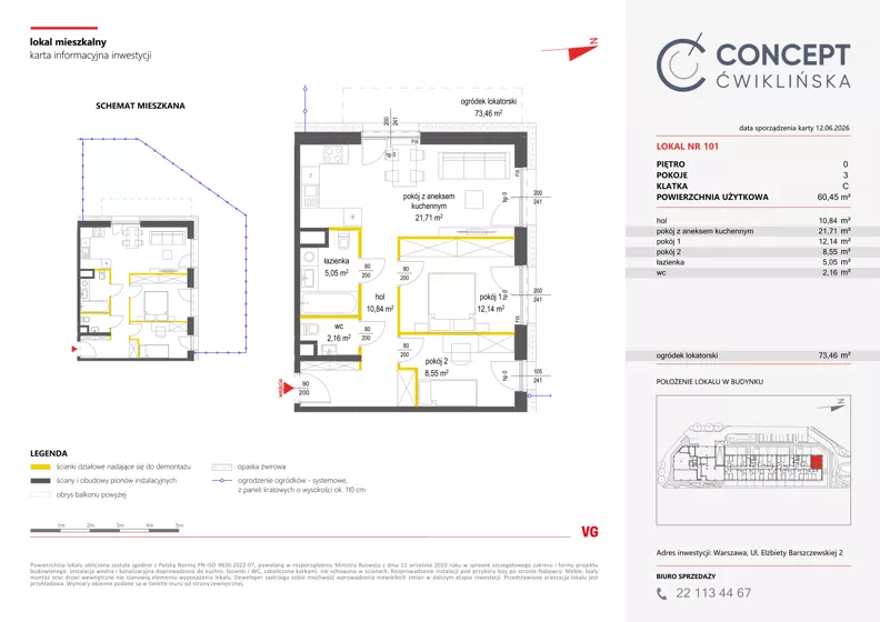 3 pokoje, mieszkanie 60,45 m², parter, oferta nr A101, Concept Ćwiklińska, Warszawa, Białołęka, Tarchomin, ul. Elżbiety Barszczewskiej 2
