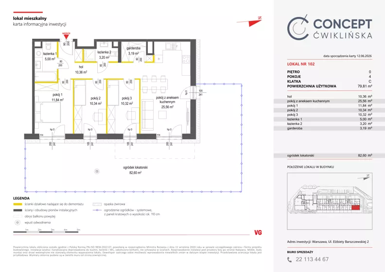 4 pokoje, mieszkanie 79,81 m², parter, oferta nr A102, Concept Ćwiklińska, Warszawa, Białołęka, Tarchomin, ul. Elżbiety Barszczewskiej 2