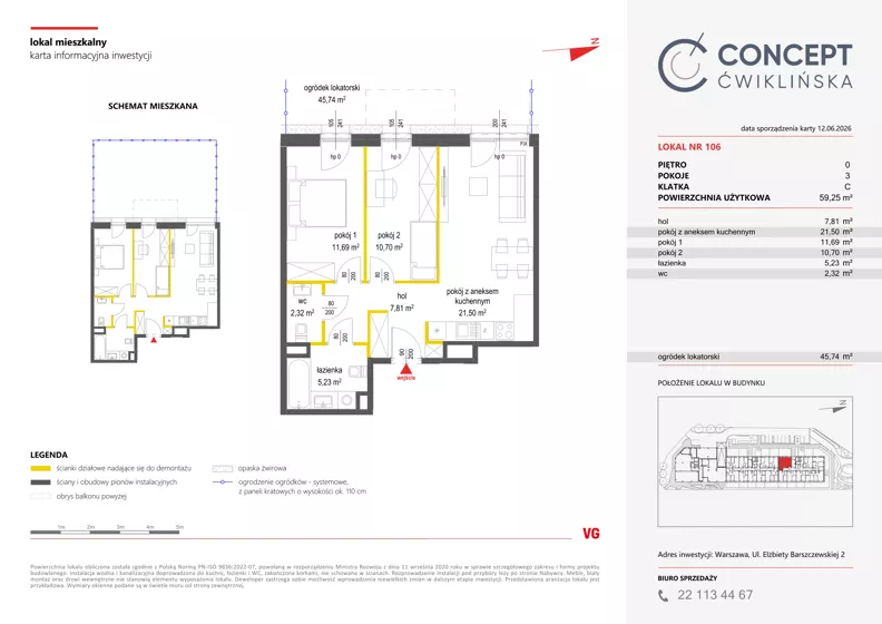 3 pokoje, mieszkanie 59,21 m², parter, oferta nr A106, Concept Ćwiklińska, Warszawa, Białołęka, Tarchomin, ul. Elżbiety Barszczewskiej 2
