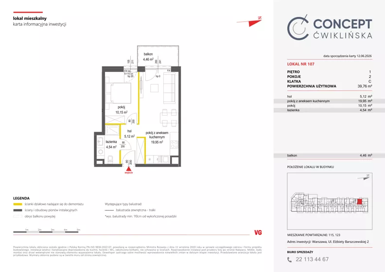 2 pokoje, mieszkanie 39,76 m², piętro 1, oferta nr A107, Concept Ćwiklińska, Warszawa, Białołęka, Tarchomin, ul. Elżbiety Barszczewskiej 2