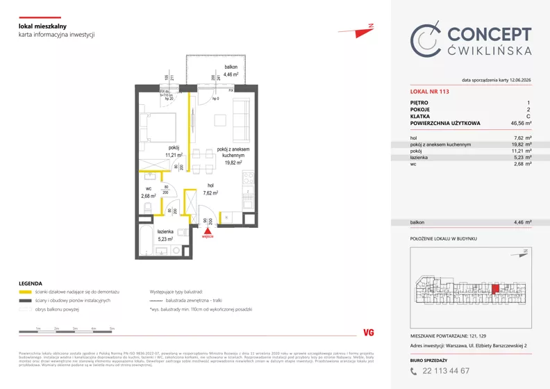 2 pokoje, mieszkanie 46,63 m², piętro 1, oferta nr A113, Concept Ćwiklińska, Warszawa, Białołęka, Tarchomin, ul. Elżbiety Barszczewskiej 2