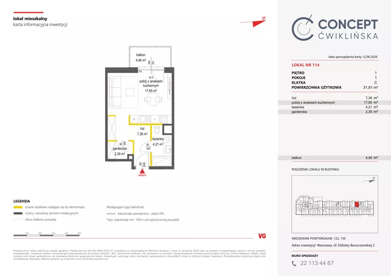 1 pokój, mieszkanie 31,61 m², piętro 1, oferta nr A114, Concept Ćwiklińska, Warszawa, Białołęka, Tarchomin, ul. Elżbiety Barszczewskiej 2