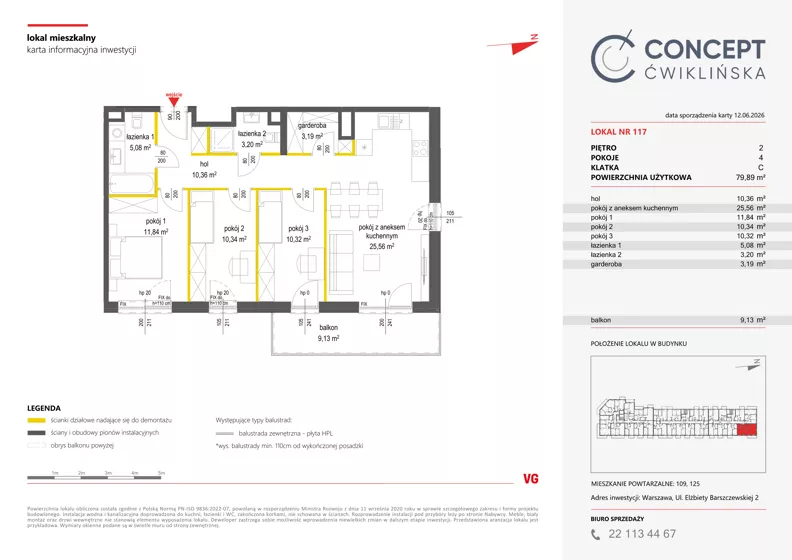4 pokoje, mieszkanie 79,91 m², piętro 2, oferta nr A117, Concept Ćwiklińska, Warszawa, Białołęka, Tarchomin, ul. Elżbiety Barszczewskiej 2