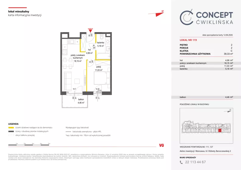 2 pokoje, mieszkanie 39,33 m², piętro 2, oferta nr A119, Concept Ćwiklińska, Warszawa, Białołęka, Tarchomin, ul. Elżbiety Barszczewskiej 2