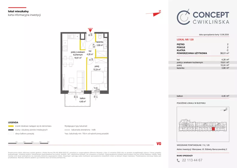 2 pokoje, mieszkanie 38,03 m², piętro 2, oferta nr A120, Concept Ćwiklińska, Warszawa, Białołęka, Tarchomin, ul. Elżbiety Barszczewskiej 2