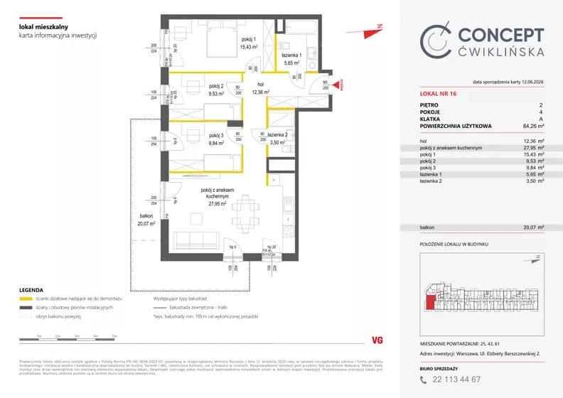 4 pokoje, mieszkanie 84,26 m², piętro 2, oferta nr A16, Concept Ćwiklińska, Warszawa, Białołęka, Tarchomin, ul. Elżbiety Barszczewskiej 2