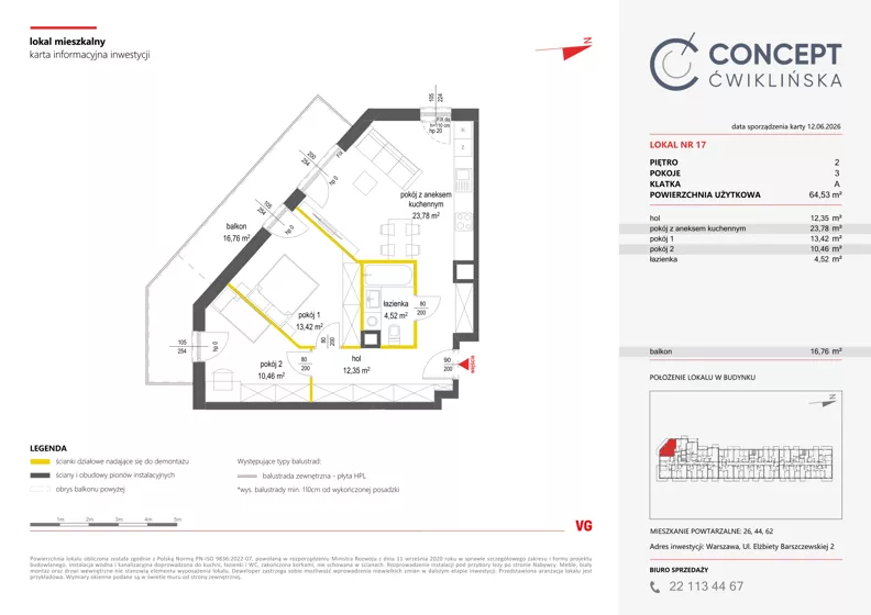3 pokoje, mieszkanie 64,53 m², piętro 2, oferta nr A17, Concept Ćwiklińska, Warszawa, Białołęka, Tarchomin, ul. Elżbiety Barszczewskiej 2