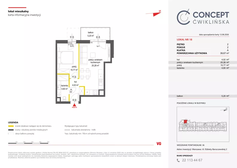 2 pokoje, mieszkanie 39,67 m², piętro 2, oferta nr A18, Concept Ćwiklińska, Warszawa, Białołęka, Tarchomin, ul. Elżbiety Barszczewskiej 2