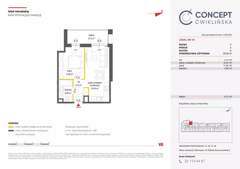 2 pokoje, mieszkanie 39,93 m², piętro 3, oferta nr A19, Concept Ćwiklińska, Warszawa, Białołęka, Tarchomin, ul. Elżbiety Barszczewskiej 2