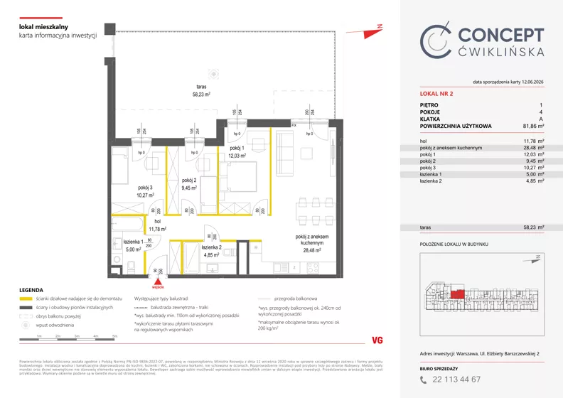 4 pokoje, mieszkanie 81,86 m², piętro 1, oferta nr A2, Concept Ćwiklińska, Warszawa, Białołęka, Tarchomin, ul. Elżbiety Barszczewskiej 2