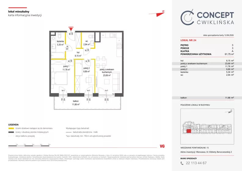 3 pokoje, mieszkanie 61,75 m², piętro 3, oferta nr A24, Concept Ćwiklińska, Warszawa, Białołęka, Tarchomin, ul. Elżbiety Barszczewskiej 2