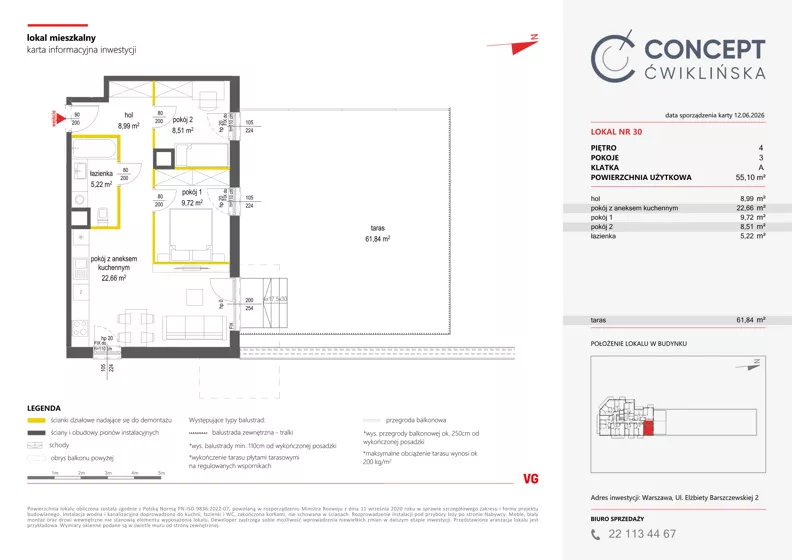 3 pokoje, mieszkanie 55,10 m², piętro 4, oferta nr A30, Concept Ćwiklińska, Warszawa, Białołęka, Tarchomin, ul. Elżbiety Barszczewskiej 2