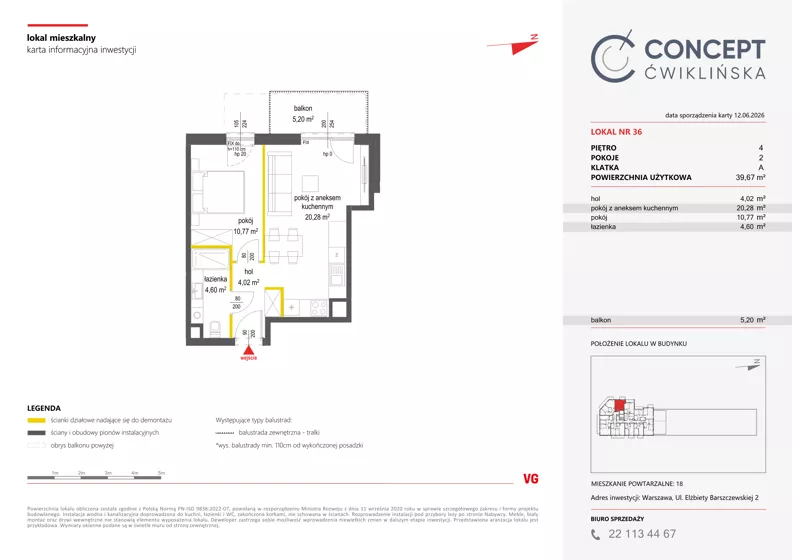 2 pokoje, mieszkanie 39,67 m², piętro 4, oferta nr A36, Concept Ćwiklińska, Warszawa, Białołęka, Tarchomin, ul. Elżbiety Barszczewskiej 2