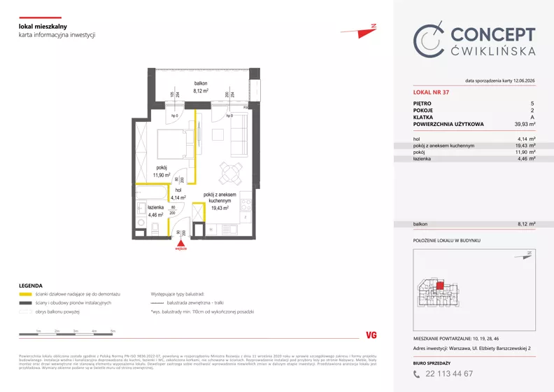 2 pokoje, mieszkanie 39,93 m², piętro 5, oferta nr A37, Concept Ćwiklińska, Warszawa, Białołęka, Tarchomin, ul. Elżbiety Barszczewskiej 2