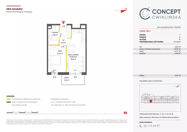2 pokoje, mieszkanie 41,34 m², piętro 1, oferta nr A4, Concept Ćwiklińska, Warszawa, Białołęka, Tarchomin, ul. Elżbiety Barszczewskiej 2