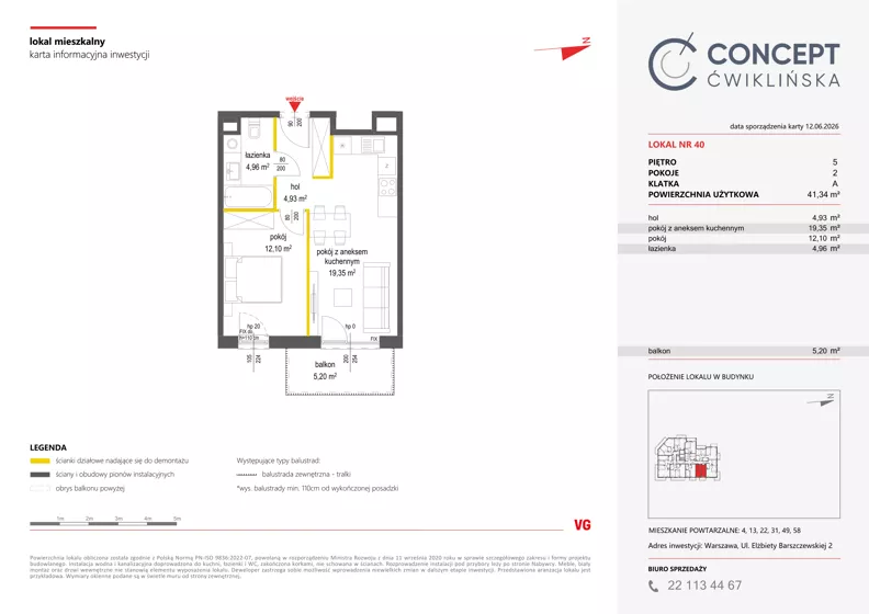 2 pokoje, mieszkanie 41,34 m², piętro 5, oferta nr A40, Concept Ćwiklińska, Warszawa, Białołęka, Tarchomin, ul. Elżbiety Barszczewskiej 2