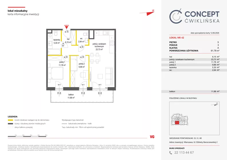 3 pokoje, mieszkanie 61,79 m², piętro 5, oferta nr A42, Concept Ćwiklińska, Warszawa, Białołęka, Tarchomin, ul. Elżbiety Barszczewskiej 2