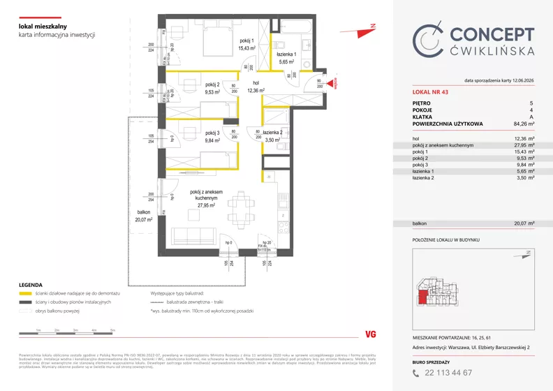 4 pokoje, mieszkanie 84,26 m², piętro 5, oferta nr A43, Concept Ćwiklińska, Warszawa, Białołęka, Tarchomin, ul. Elżbiety Barszczewskiej 2
