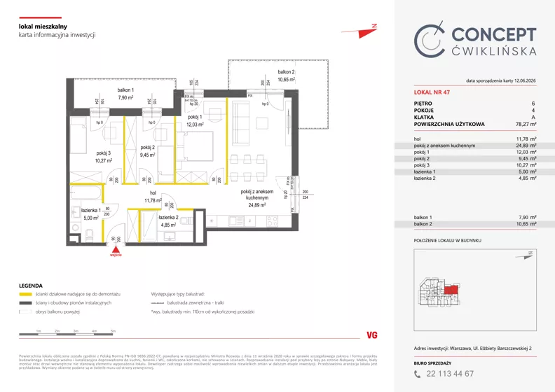 4 pokoje, mieszkanie 78,27 m², piętro 6, oferta nr A47, Concept Ćwiklińska, Warszawa, Białołęka, Tarchomin, ul. Elżbiety Barszczewskiej 2