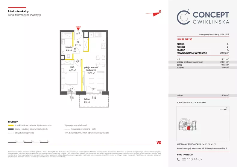 2 pokoje, mieszkanie 39,95 m², piętro 6, oferta nr A50, Concept Ćwiklińska, Warszawa, Białołęka, Tarchomin, ul. Elżbiety Barszczewskiej 2