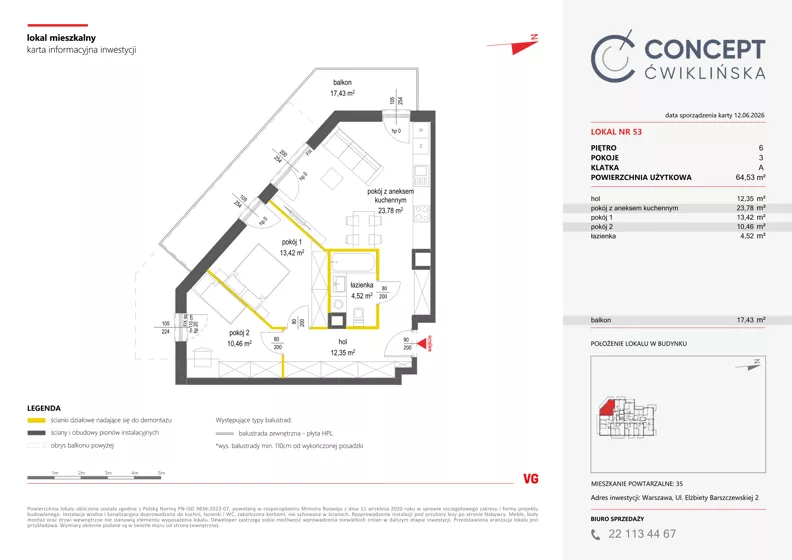 3 pokoje, mieszkanie 64,53 m², piętro 6, oferta nr A53, Concept Ćwiklińska, Warszawa, Białołęka, Tarchomin, ul. Elżbiety Barszczewskiej 2