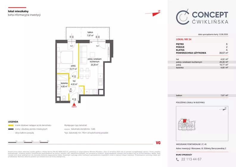 2 pokoje, mieszkanie 39,67 m², piętro 6, oferta nr A54, Concept Ćwiklińska, Warszawa, Białołęka, Tarchomin, ul. Elżbiety Barszczewskiej 2