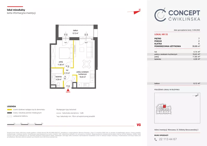 2 pokoje, mieszkanie 39,83 m², piętro 7, oferta nr A55, Concept Ćwiklińska, Warszawa, Białołęka, Tarchomin, ul. Elżbiety Barszczewskiej 2