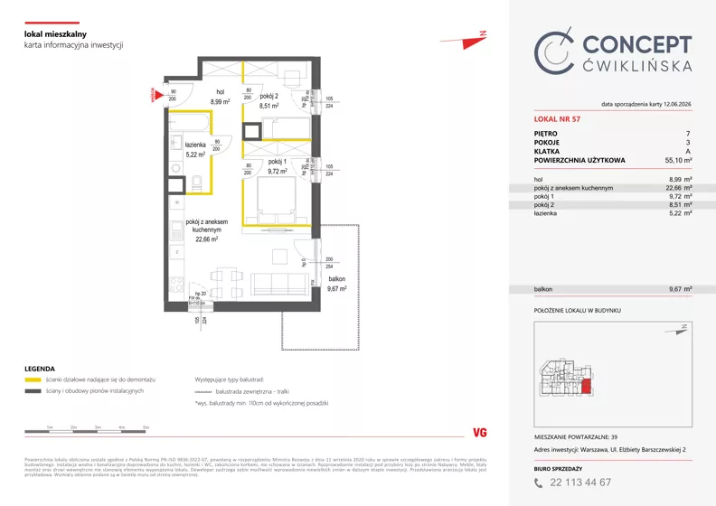 3 pokoje, mieszkanie 55,10 m², piętro 7, oferta nr A57, Concept Ćwiklińska, Warszawa, Białołęka, Tarchomin, ul. Elżbiety Barszczewskiej 2