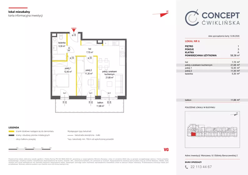 3 pokoje, mieszkanie 58,38 m², piętro 1, oferta nr A6, Concept Ćwiklińska, Warszawa, Białołęka, Tarchomin, ul. Elżbiety Barszczewskiej 2