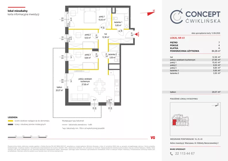 4 pokoje, mieszkanie 84,26 m², piętro 7, oferta nr A61, Concept Ćwiklińska, Warszawa, Białołęka, Tarchomin, ul. Elżbiety Barszczewskiej 2