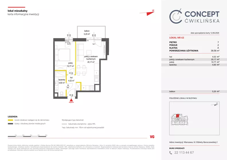 2 pokoje, mieszkanie 39,56 m², piętro 7, oferta nr A63, Concept Ćwiklińska, Warszawa, Białołęka, Tarchomin, ul. Elżbiety Barszczewskiej 2
