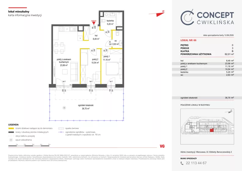 3 pokoje, mieszkanie 62,01 m², parter, oferta nr A66, Concept Ćwiklińska, Warszawa, Białołęka, Tarchomin, ul. Elżbiety Barszczewskiej 2