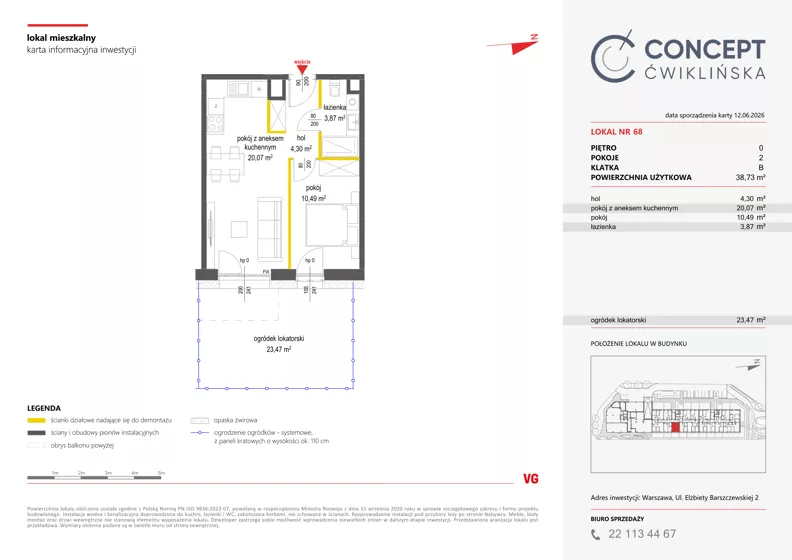 2 pokoje, mieszkanie 38,74 m², parter, oferta nr A68, Concept Ćwiklińska, Warszawa, Białołęka, Tarchomin, ul. Elżbiety Barszczewskiej 2