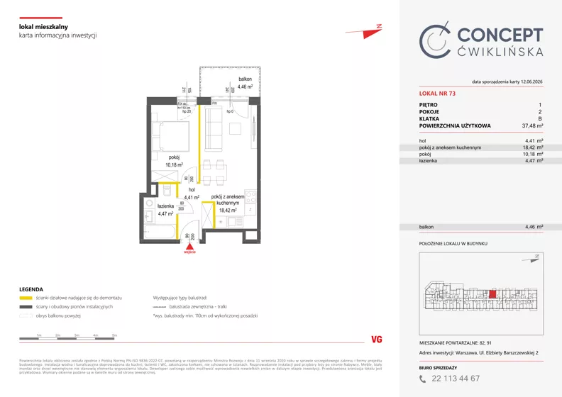 2 pokoje, mieszkanie 37,48 m², piętro 1, oferta nr A73, Concept Ćwiklińska, Warszawa, Białołęka, Tarchomin, ul. Elżbiety Barszczewskiej 2
