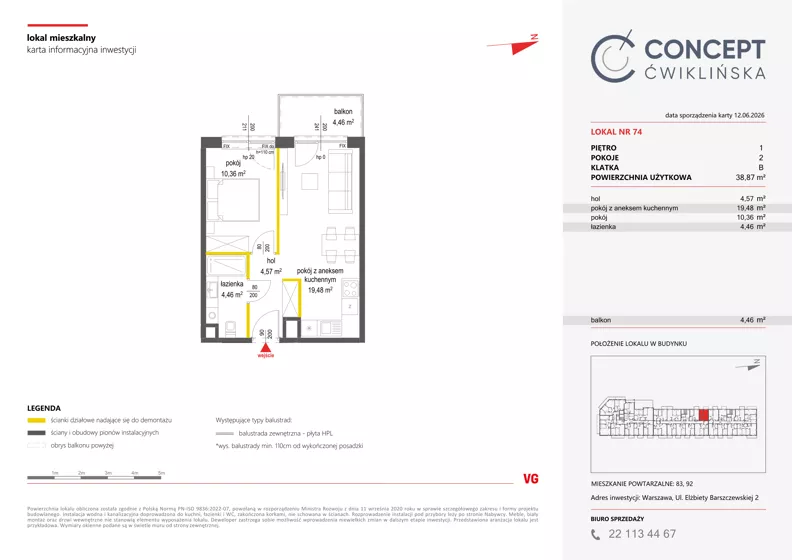 2 pokoje, mieszkanie 38,87 m², piętro 1, oferta nr A74, Concept Ćwiklińska, Warszawa, Białołęka, Tarchomin, ul. Elżbiety Barszczewskiej 2