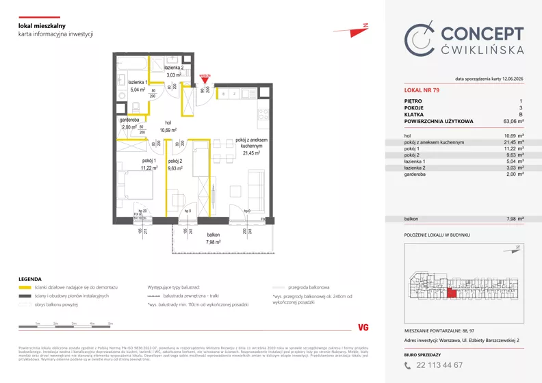 3 pokoje, mieszkanie 63,06 m², piętro 1, oferta nr A79, Concept Ćwiklińska, Warszawa, Białołęka, Tarchomin, ul. Elżbiety Barszczewskiej 2