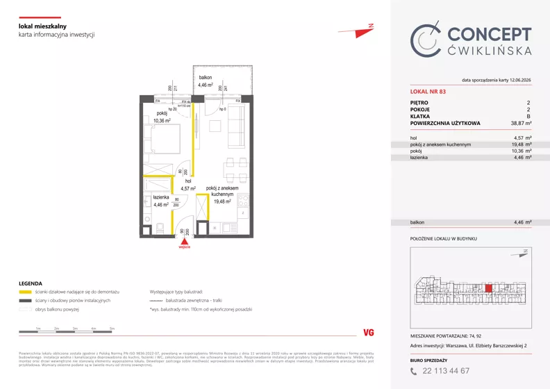2 pokoje, mieszkanie 38,87 m², piętro 2, oferta nr A83, Concept Ćwiklińska, Warszawa, Białołęka, Tarchomin, ul. Elżbiety Barszczewskiej 2
